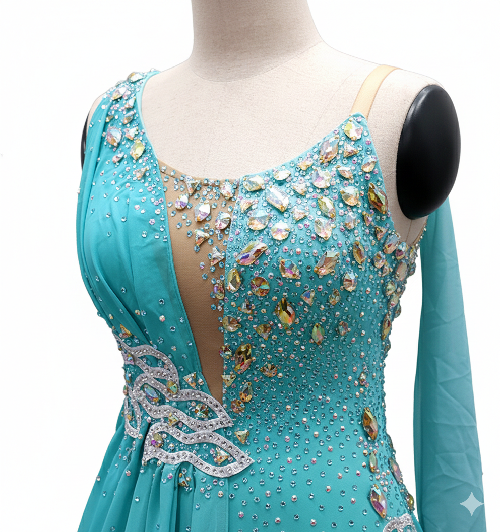 ByCharme Cyan Blue Chiffon Ballroom Competition Dress - BC-0055