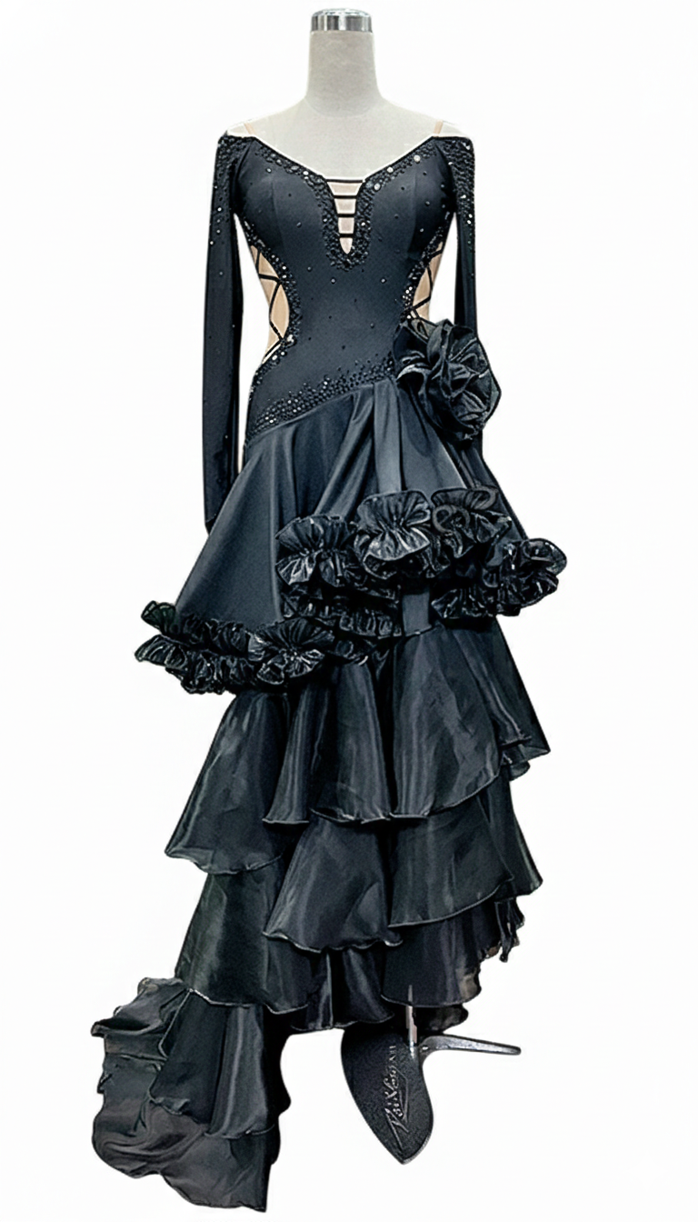 ByCharme Black Tan Chiffon Latin Salsa Competition Dress - BCL-0003