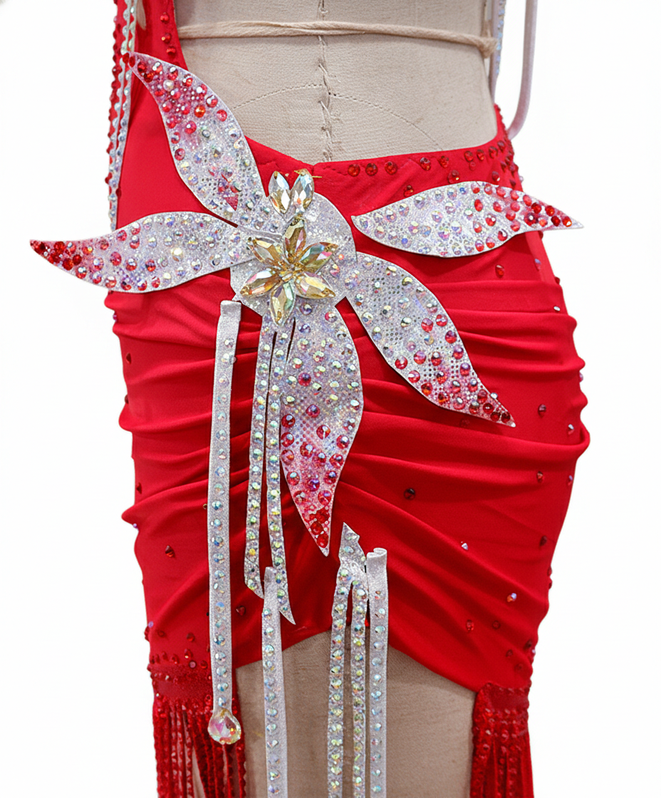 ByCharme Red Silver Tan Fringes Latin Salsa Competition Dress - BCL-0081