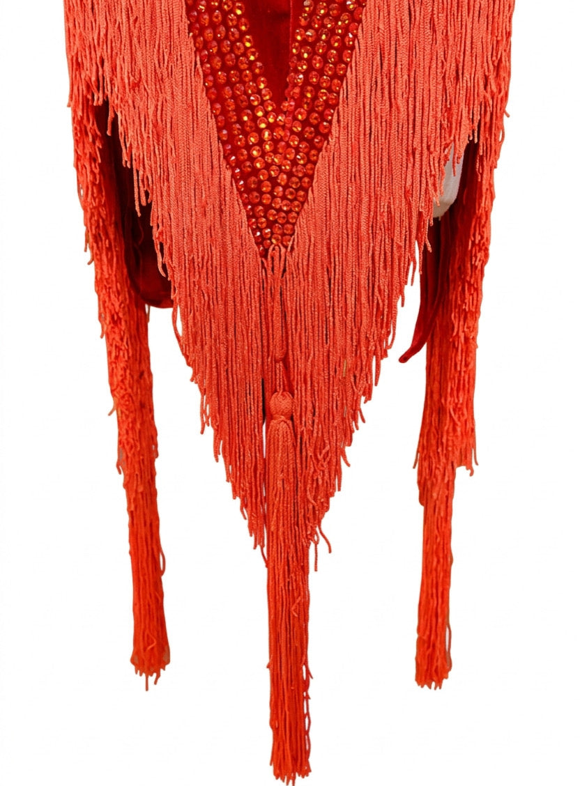 ByCharme Orange Red Velvet Fringes Latin Salsa Competition Dress - BCL-0187