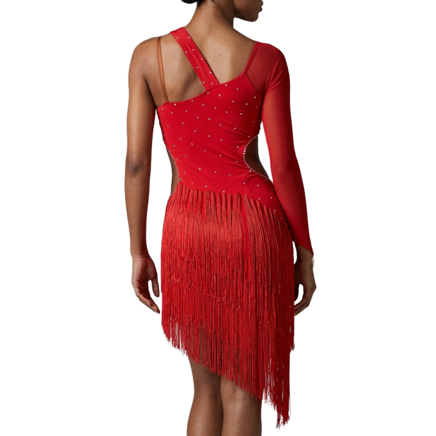 ByCharme Bright Red Light Brown Silver Fringes Latin Salsa Competition Dress - BCL-0193