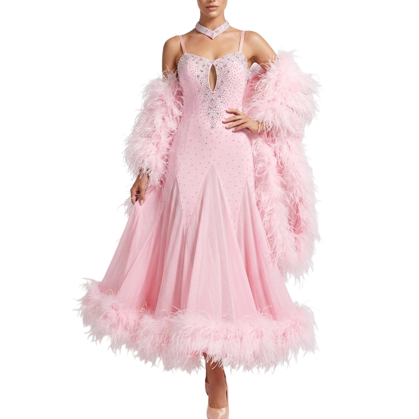 ByCharme Light Pink Feather Ballroom Competition Dress - BC-0049