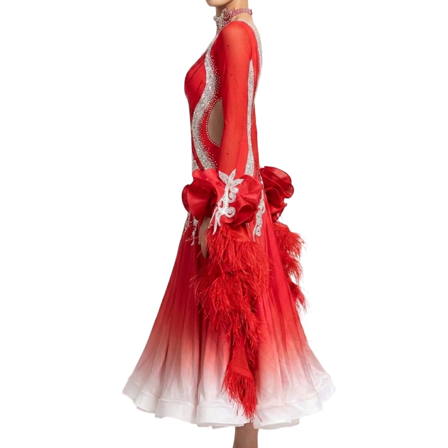 ByCharme Bright Red Feather Ballroom Competition Dress - BC-0021