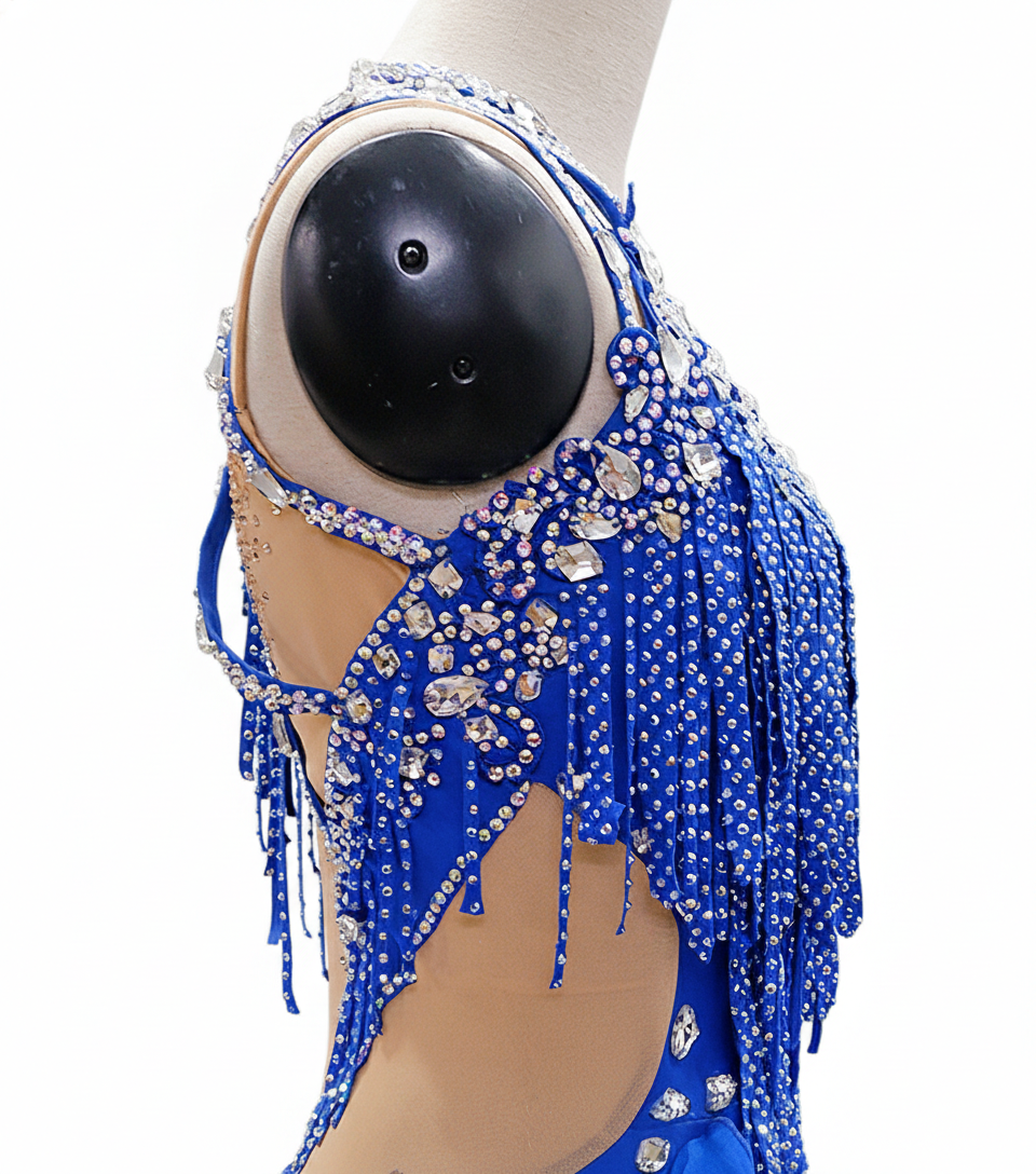 ByCharme Blue Silver Tan Fringes Latin Salsa Competition Dress - BCL-0072