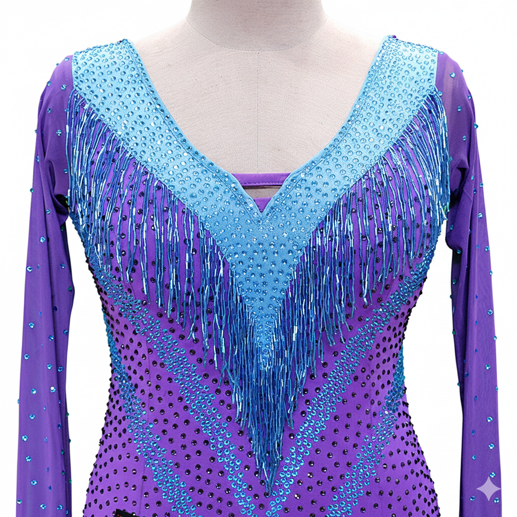 ByCharme Purple Blue Brown Fringes Latin Salsa Competition Dress - BCL-0061