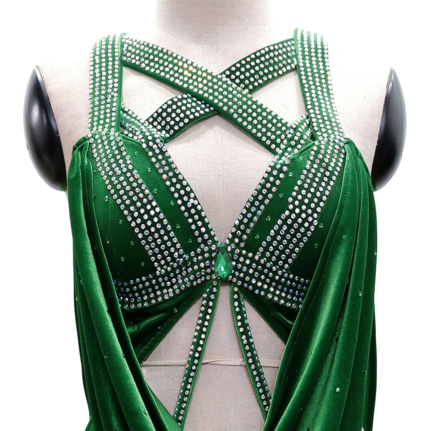 ByCharme Dark Green Silver Velvet Latin Salsa Competition Dress - BCL-0155