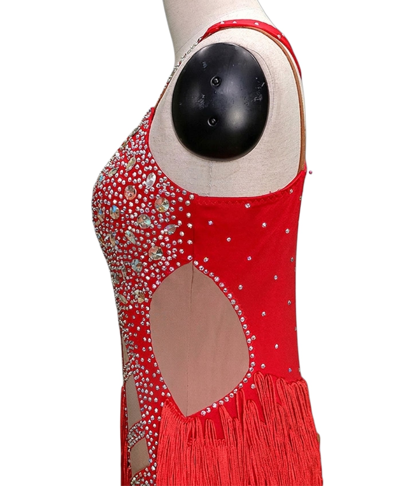 ByCharme Bright Red Light Brown Silver Fringes Latin Salsa Competition Dress - BCL-0193