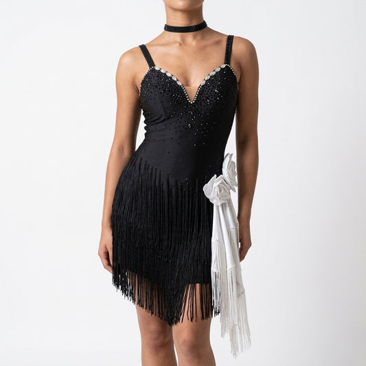 ByCharme Black White Tan Fringes Latin Salsa Competition Dress - BCL-0147