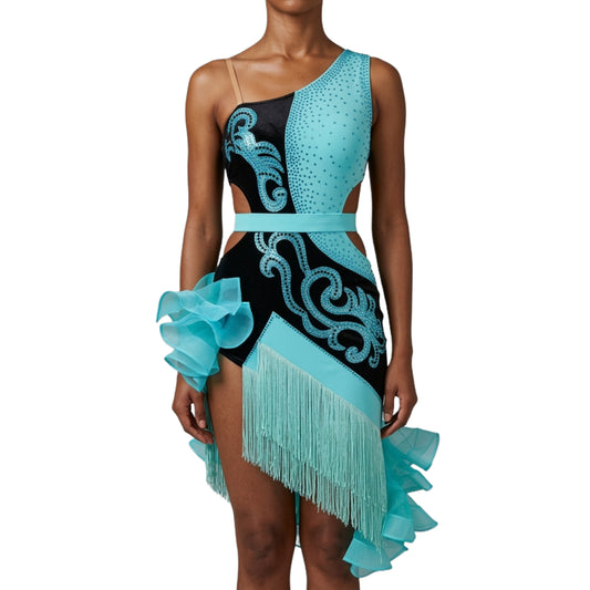 ByCharme Black Cyan Blue Fringes Latin Salsa Competition Dress - BCL-0188