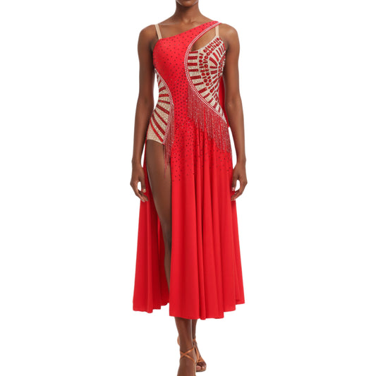 ByCharme Bright Red Fringes Ballroom Competition Dress - BC-0045
