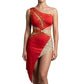 ByCharme Bright Red Tan Gold Fringes Latin Salsa Competition Dress - BCL-0134