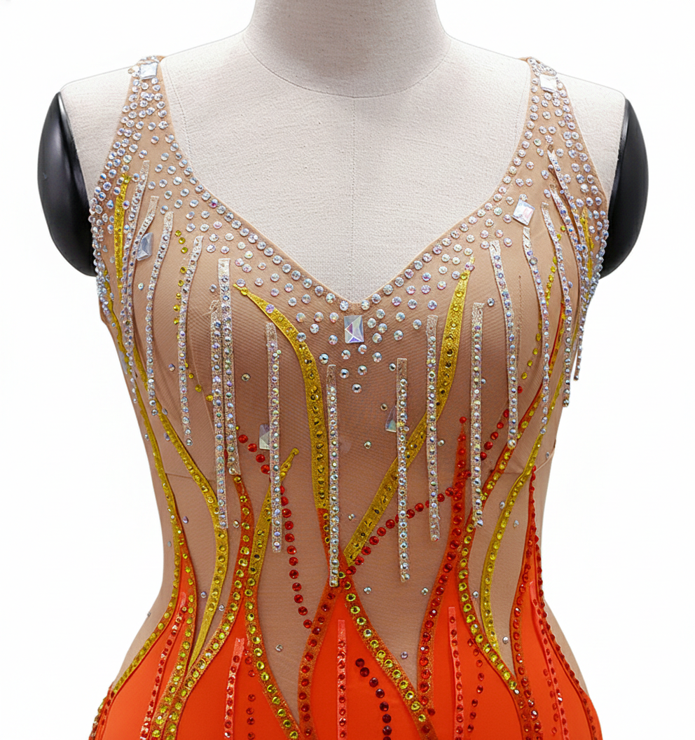 ByCharme Orange Gold Tan Chiffon Latin Salsa Competition Dress - BCL-0080