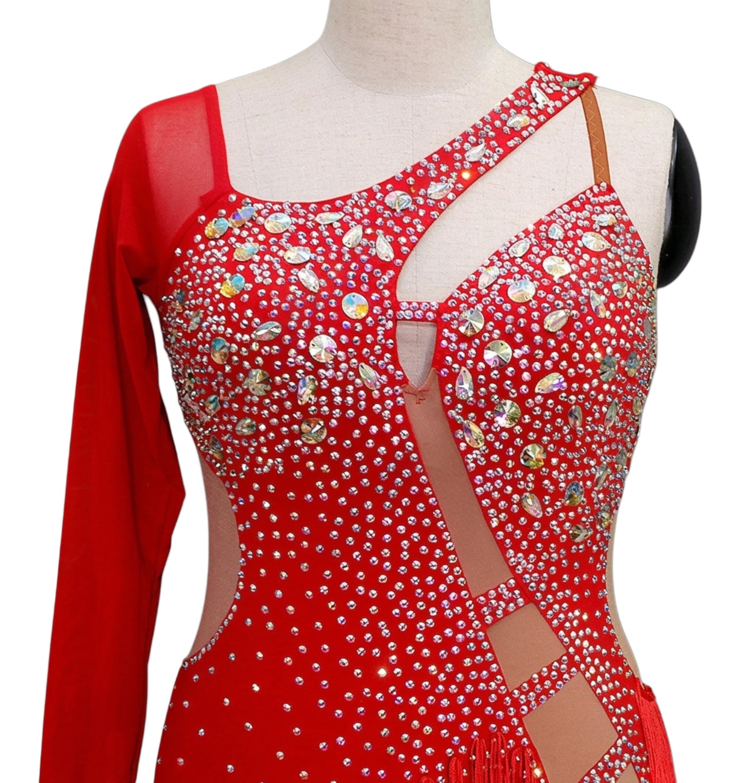 ByCharme Bright Red Light Brown Silver Fringes Latin Salsa Competition Dress - BCL-0193