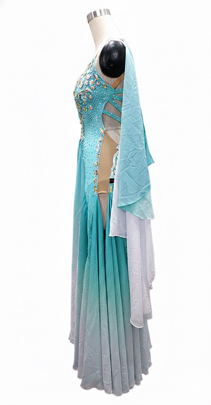 ByCharme Cyan Blue Chiffon Ballroom Competition Dress - BC-0055