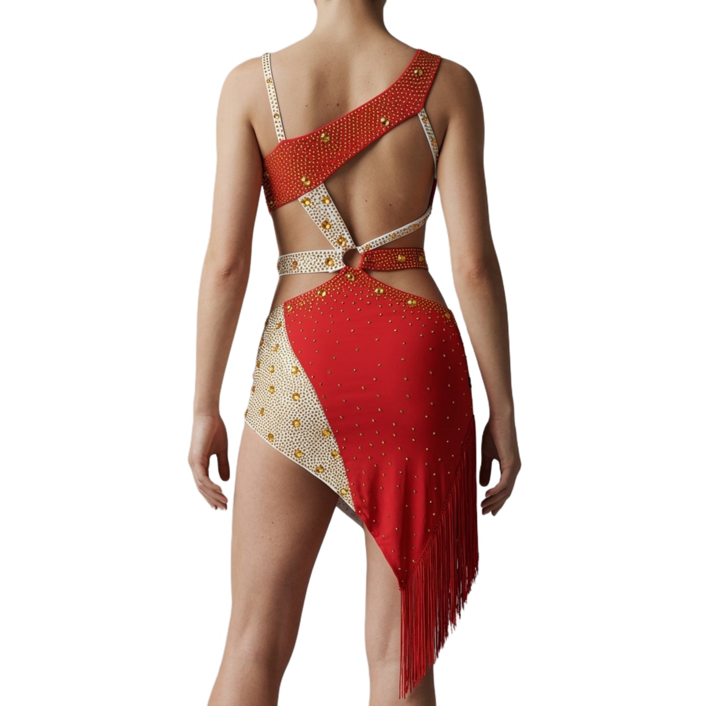 ByCharme Bright Red Tan Gold Fringes Latin Salsa Competition Dress - BCL-0134