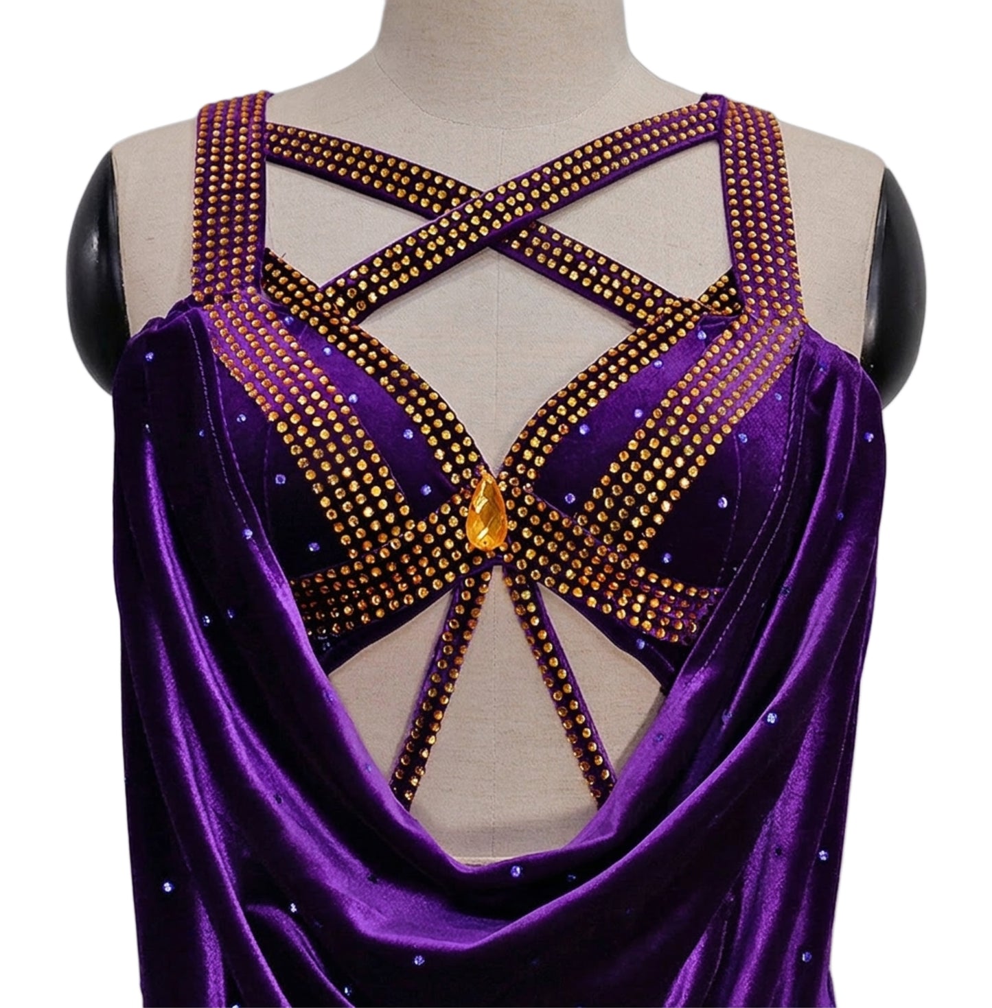 ByCharme Blue Violet Gold Velvet Latin Salsa Competition Dress - BCL-0150
