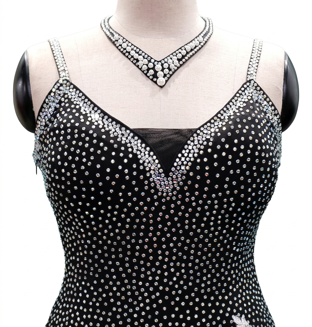 ByCharme Black White Pearl Fringes Latin Salsa Competition Dress - BCL-0159