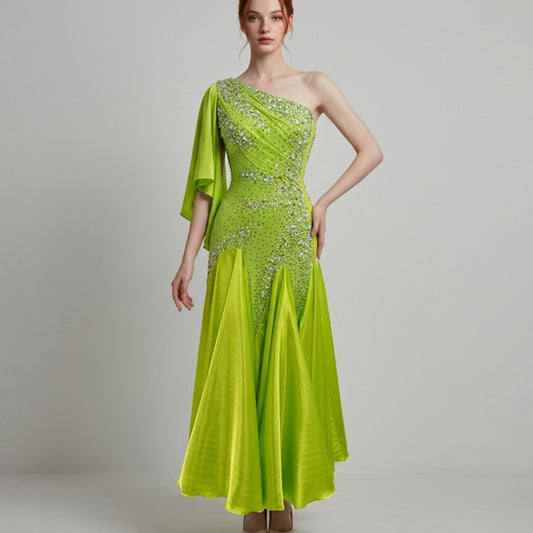 ByCharme Yellow Green Rhinestone Ballroom Competition Dress - BC-0216