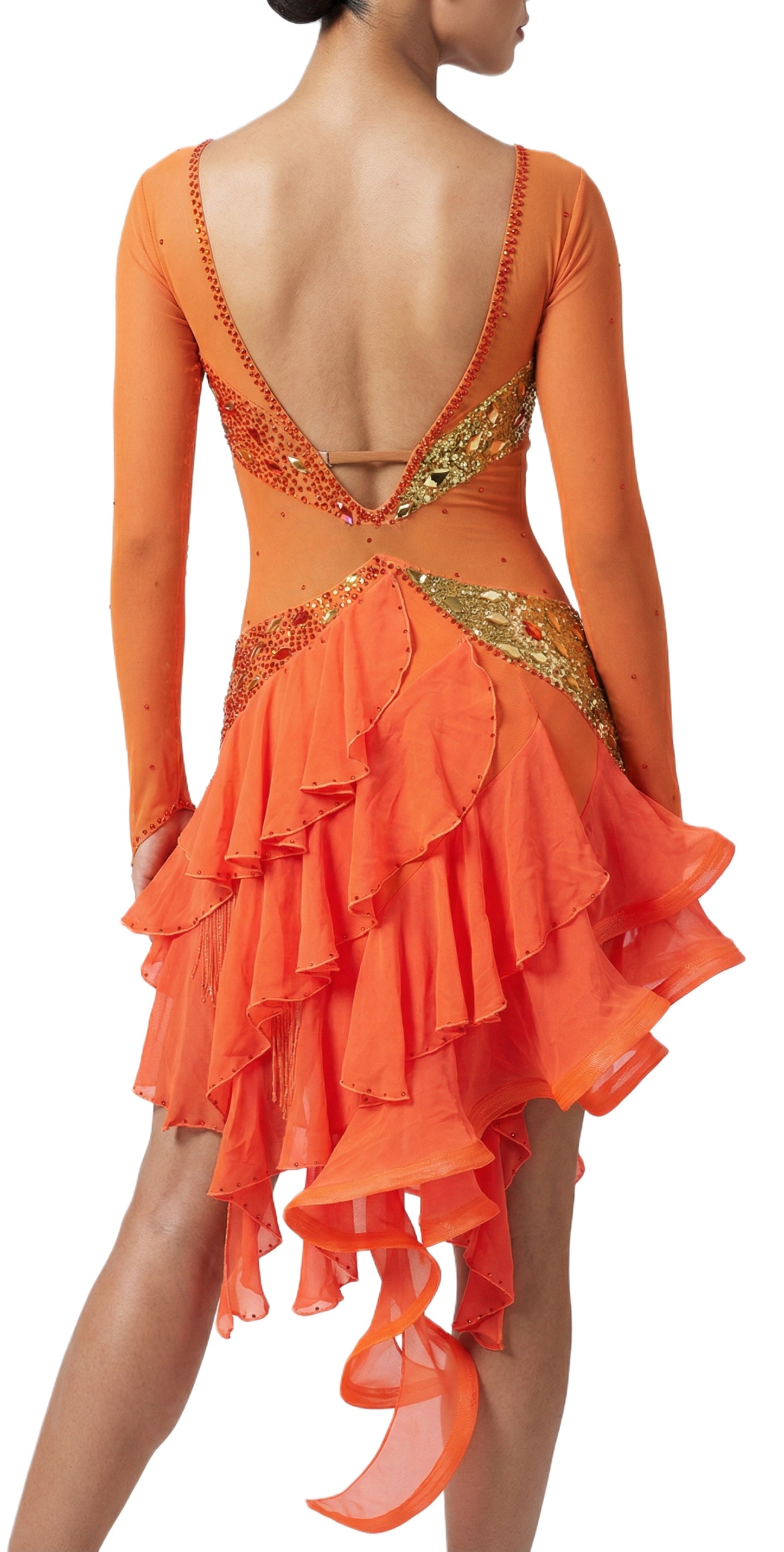 ByCharme Orange Red Gold Chiffon Latin Salsa Competition Dress - BCL-0088