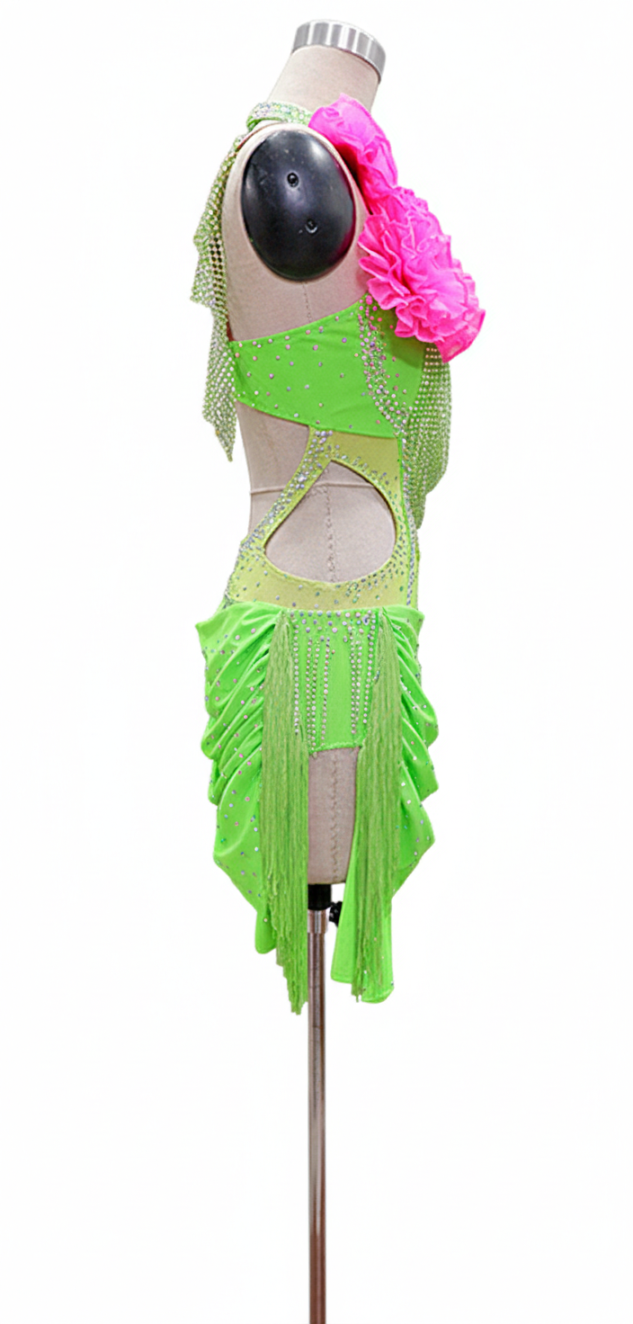 ByCharme Green Pink Chiffon Latin Salsa Competition Dress - BCL-0029