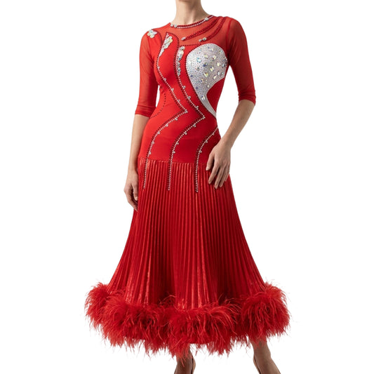 ByCharme Bright Red Feather Ballroom Competition Dress - BC-0004
