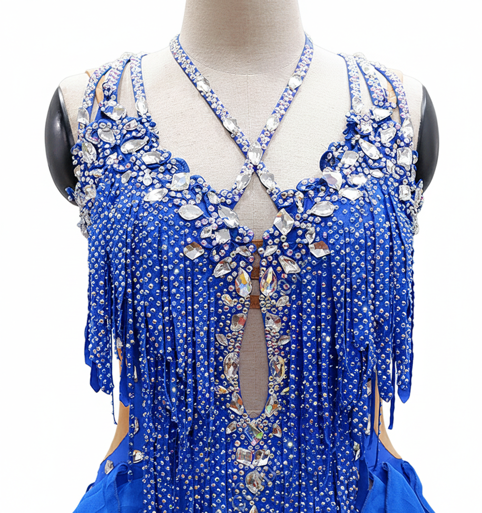 ByCharme Blue Silver Tan Fringes Latin Salsa Competition Dress - BCL-0072