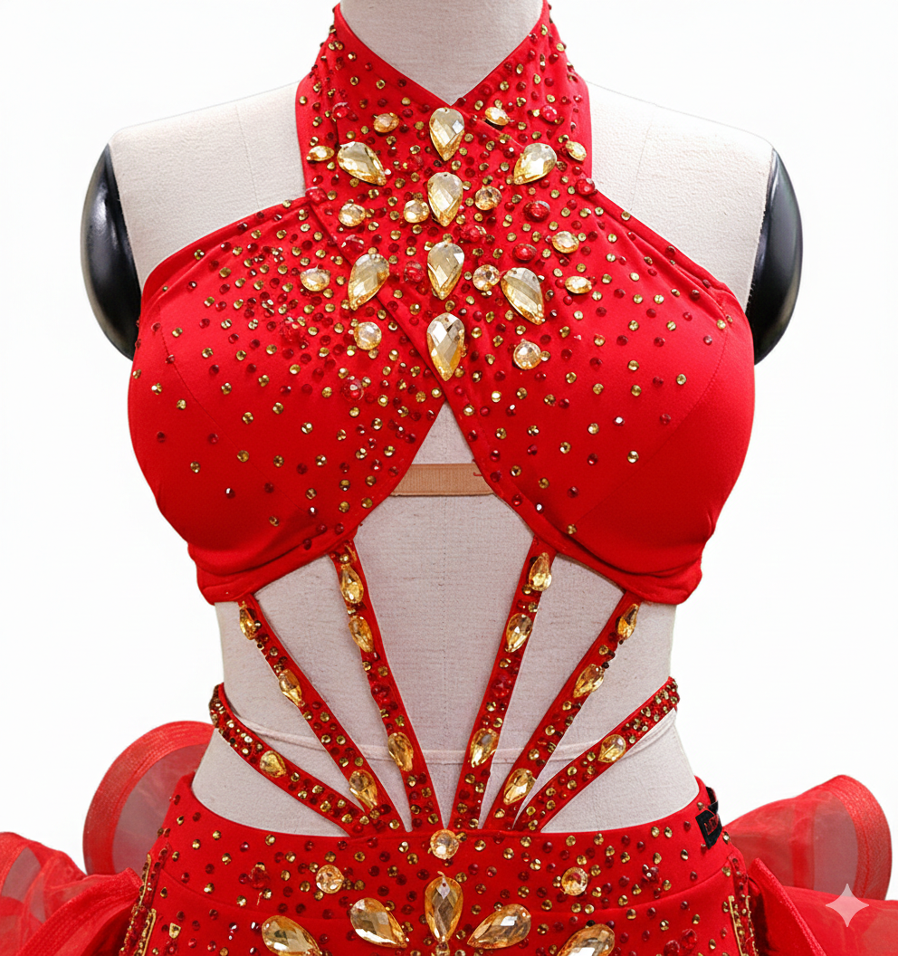 ByCharme Red Gold Chiffon Latin Salsa Competition Dress - BCL-0051