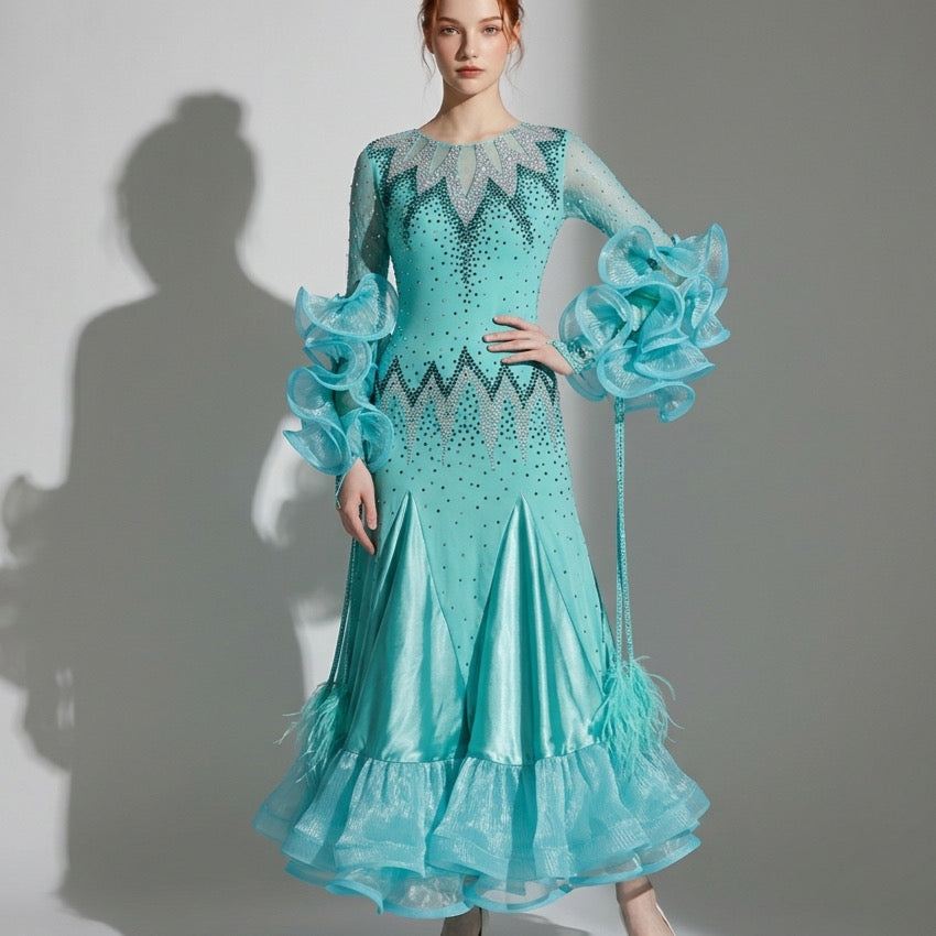 ByCharme Spring Green Feather Ballroom Competition Dress - BC-0222