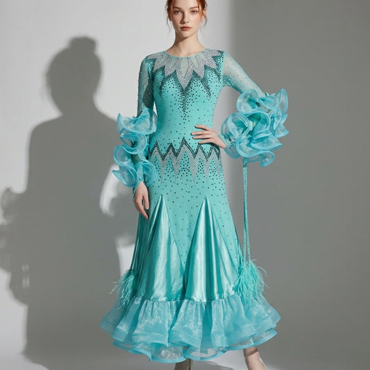 ByCharme Spring Green Feather Ballroom Competition Dress - BC-0222