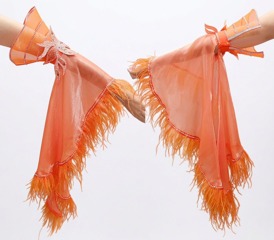 ByCharme Orange Red Feather Ballroom Competition Dress - BC-0215