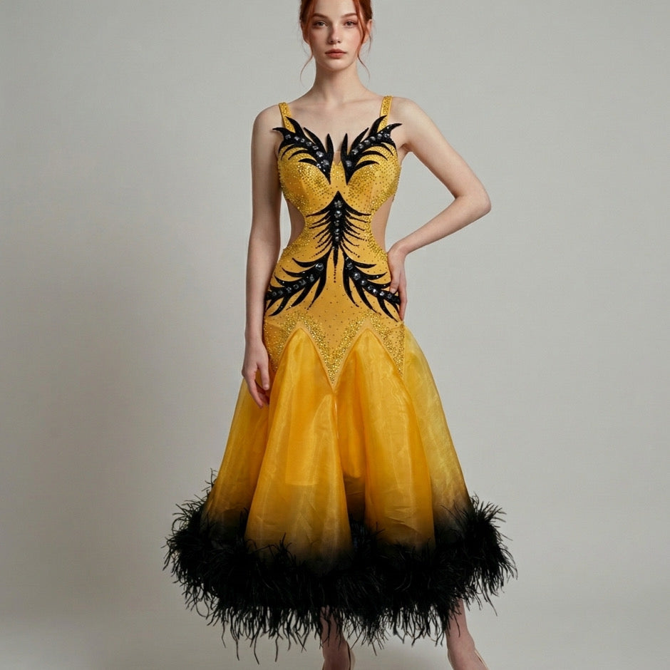 ByCharme Dark Yellow Feather Ballroom Competition Dress - BC-0228