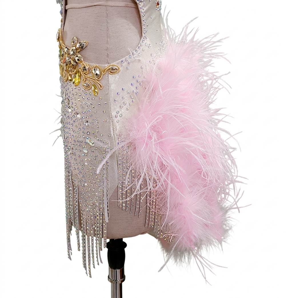 ByCharme Silver Pink Gold Feathers Latin Salsa Competition Dress - BCL-0158