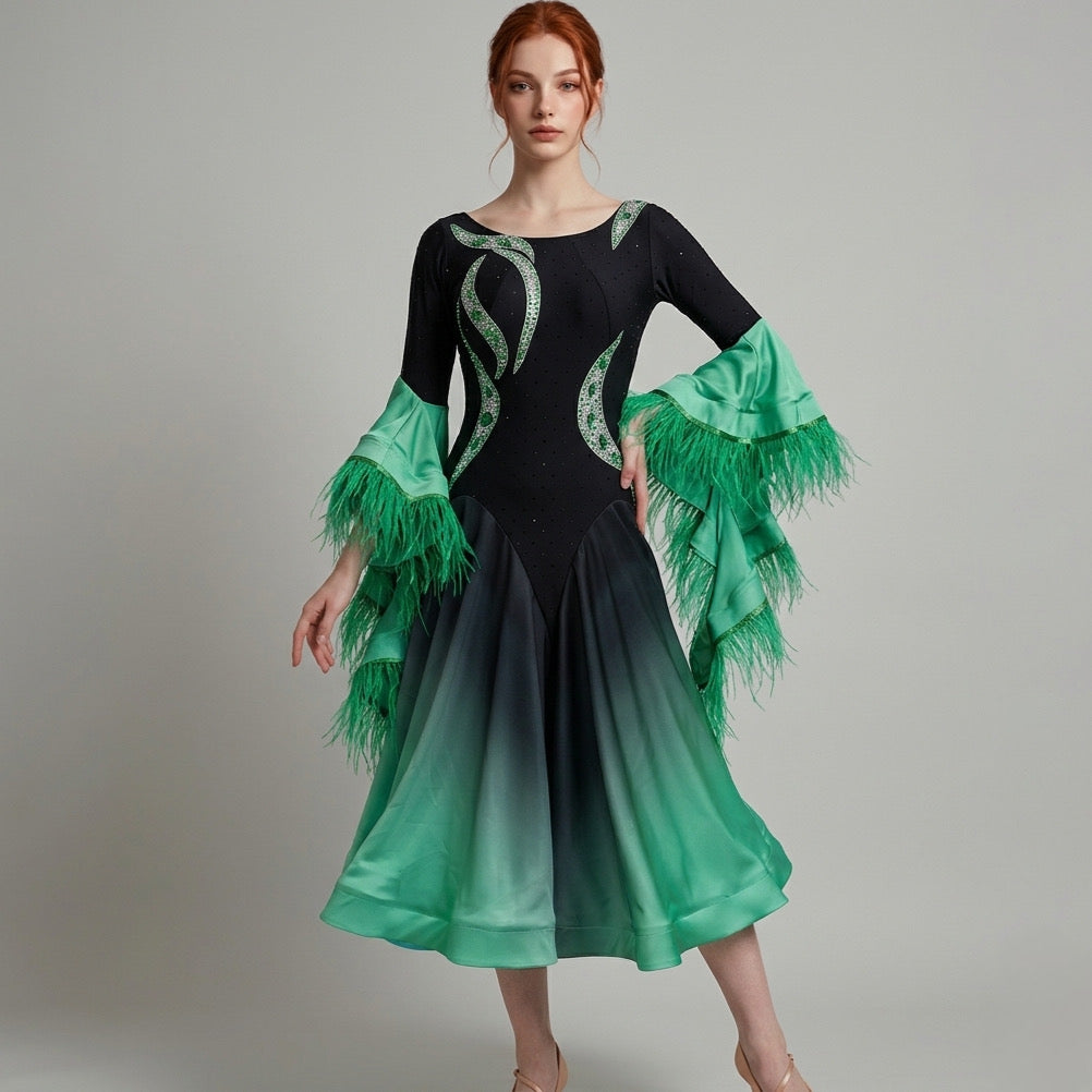 ByCharme Black Feather Ballroom Competition Dress - BC-0069