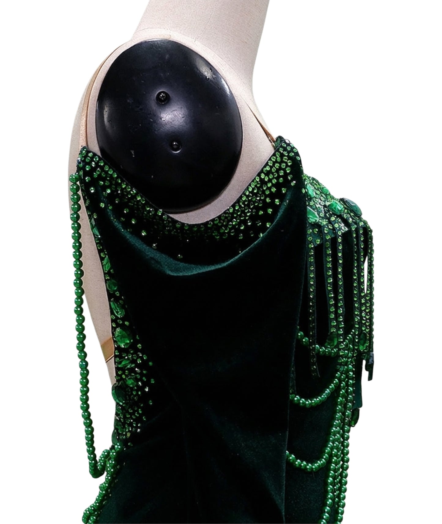 ByCharme Dark Green Velvet Fringes Pearls Latin Salsa Competition Dress - BCL-0191