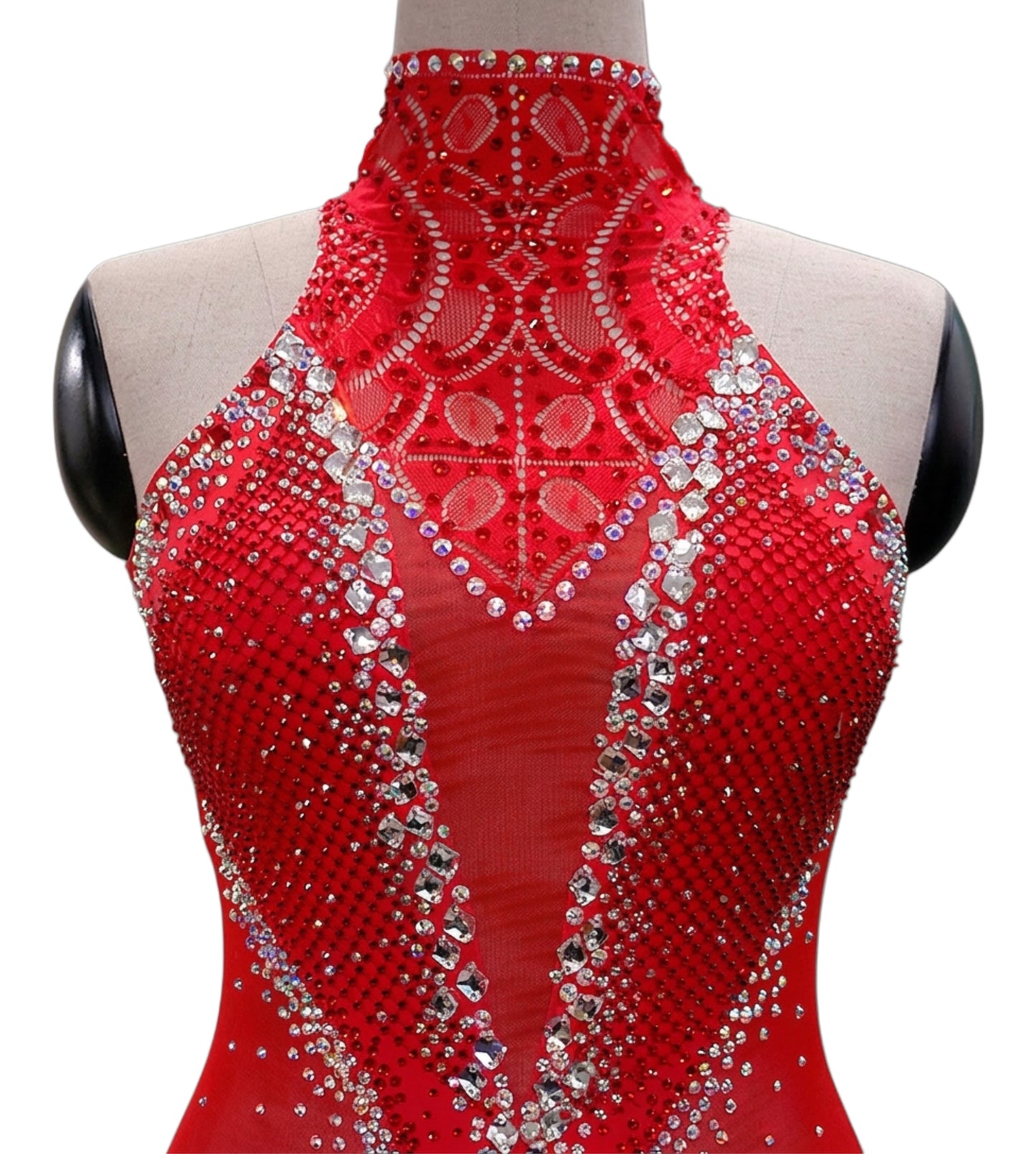 ByCharme Red Silver Lace Feathers Latin Salsa Competition Dress - BCL-0192