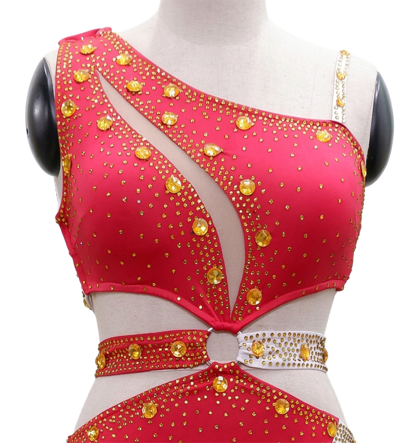 ByCharme Bright Red Tan Gold Fringes Latin Salsa Competition Dress - BCL-0134