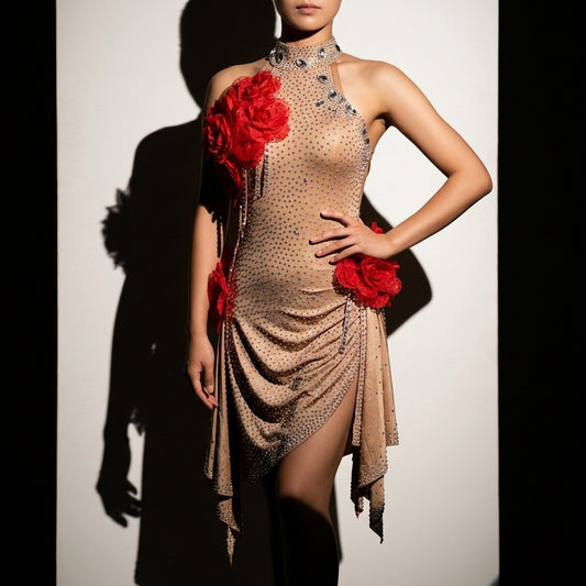 ByCharme Bright Red Champagne 3D Flowers Latin Salsa Dress - BCL-0122