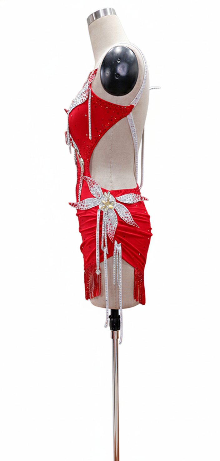 ByCharme Red Silver Tan Fringes Latin Salsa Competition Dress - BCL-0081