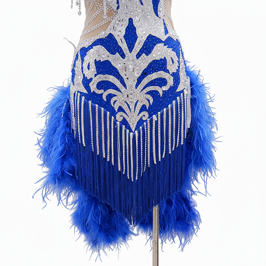 ByCharme Blue Silver Brown Fringes Latin Salsa Competition Dress - BCL-0062