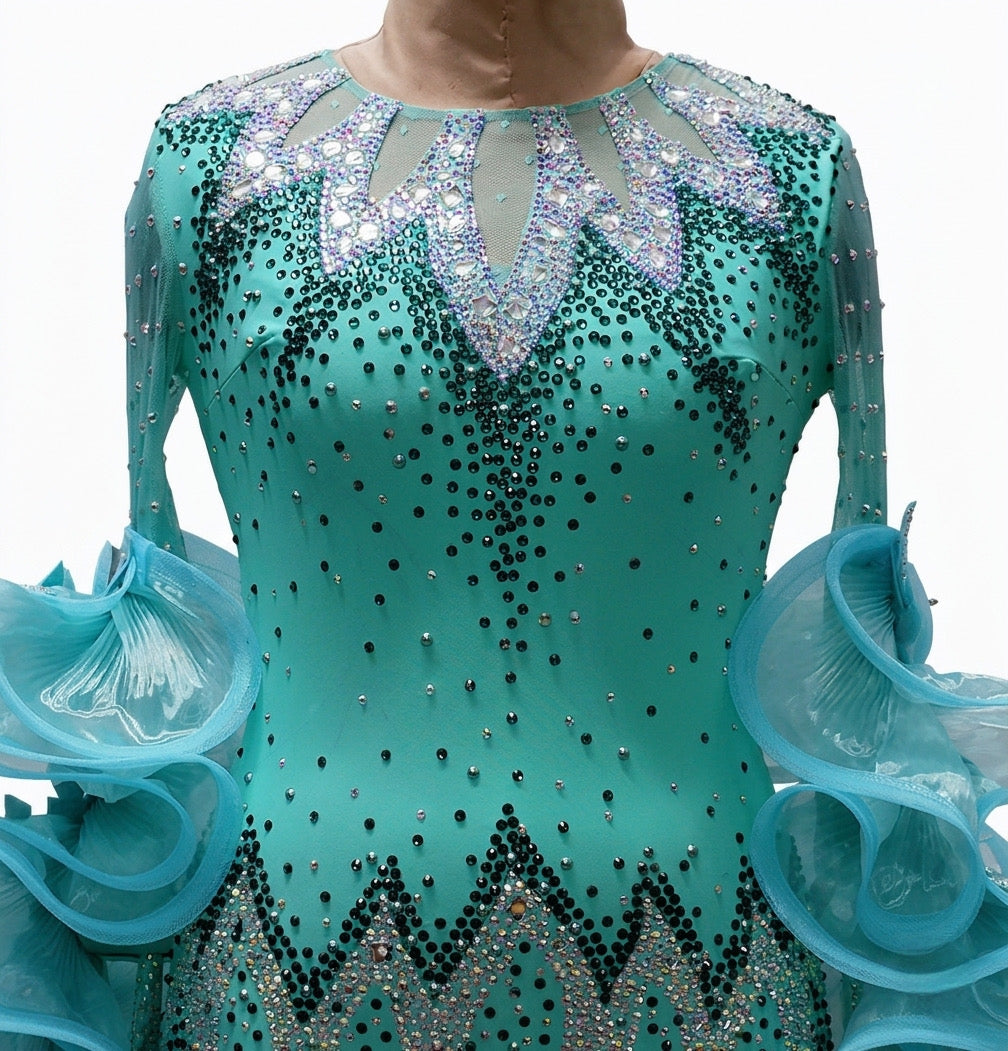 ByCharme Spring Green Feather Ballroom Competition Dress - BC-0222