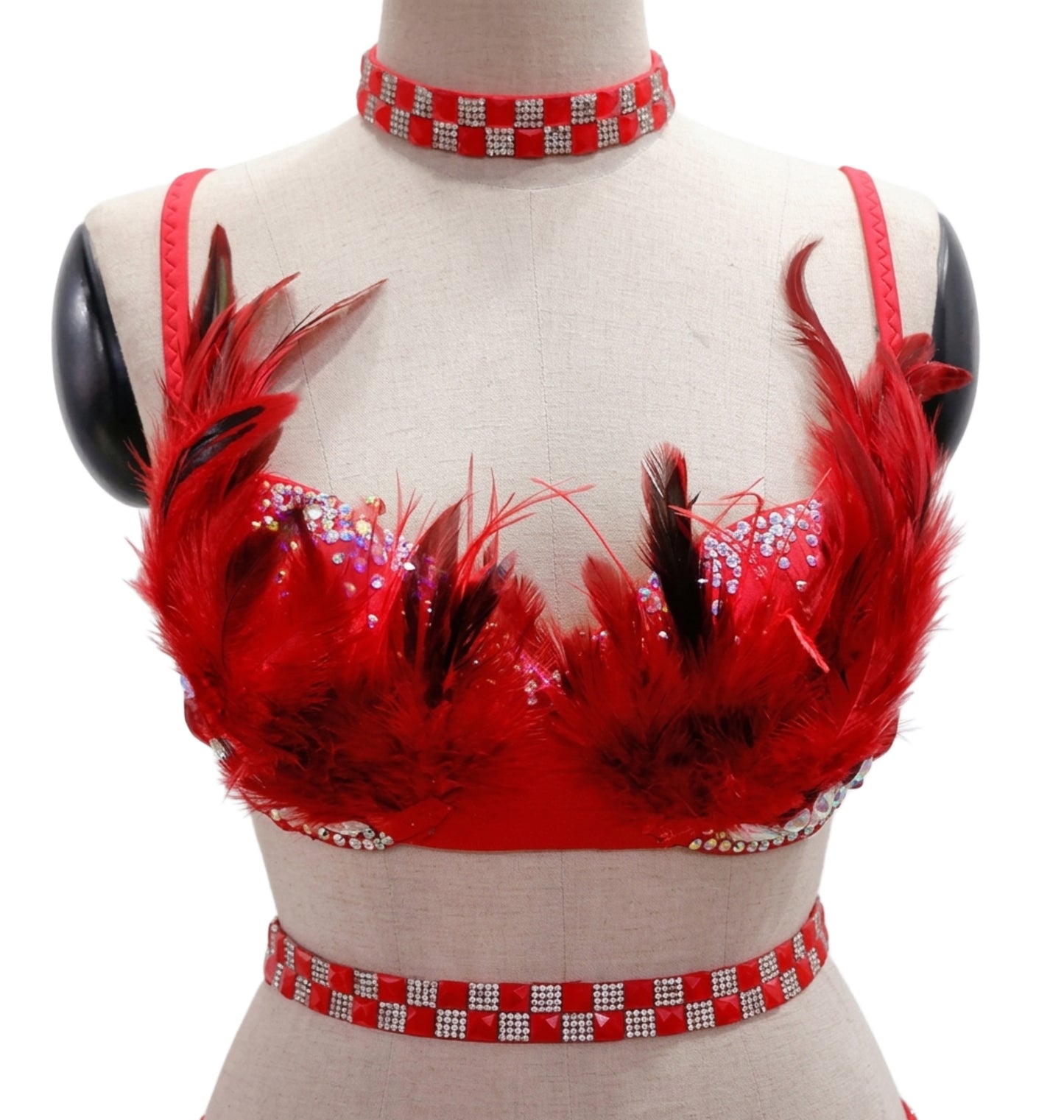 ByCharme Bright Red Silver Feathers Latin Salsa Competition Dress - BCL-0145