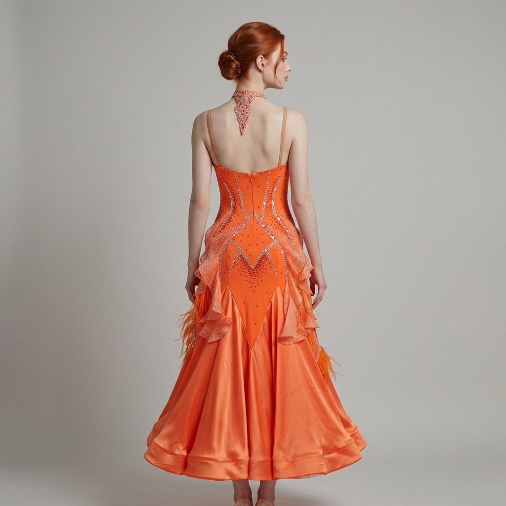 ByCharme Orange Red Feather Ballroom Competition Dress - BC-0215