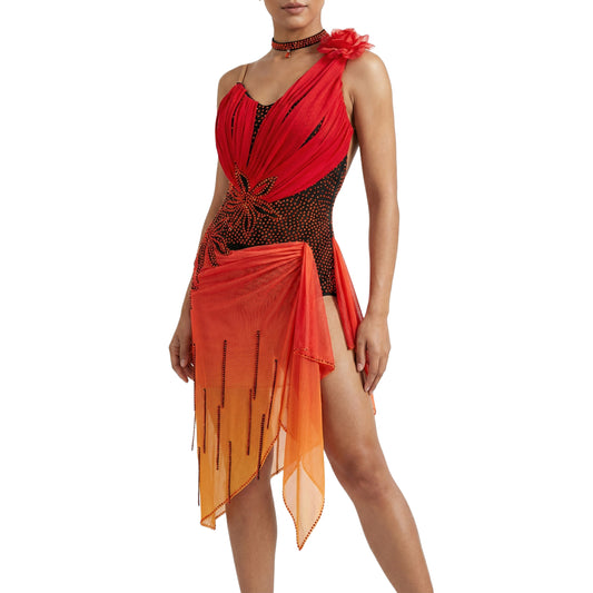 ByCharme Black Orange Chiffon Latin Salsa Competition Dress - BCL-0067
