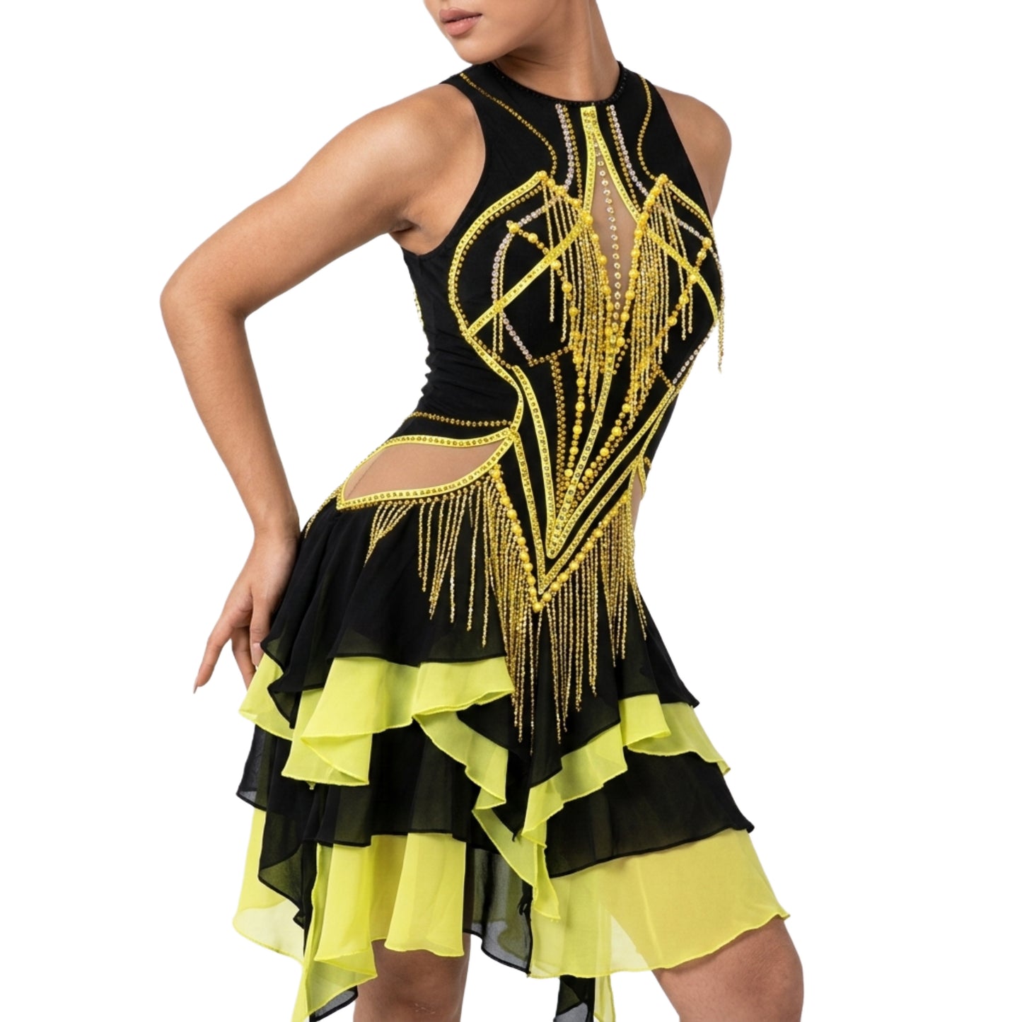ByCharme Black Yellow Green Fringes Latin Salsa Competition Dress - BCL-0116