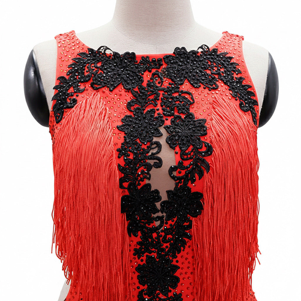 ByCharme Red Black Brown Fringes Latin Salsa Competition Dress - BCL-0059
