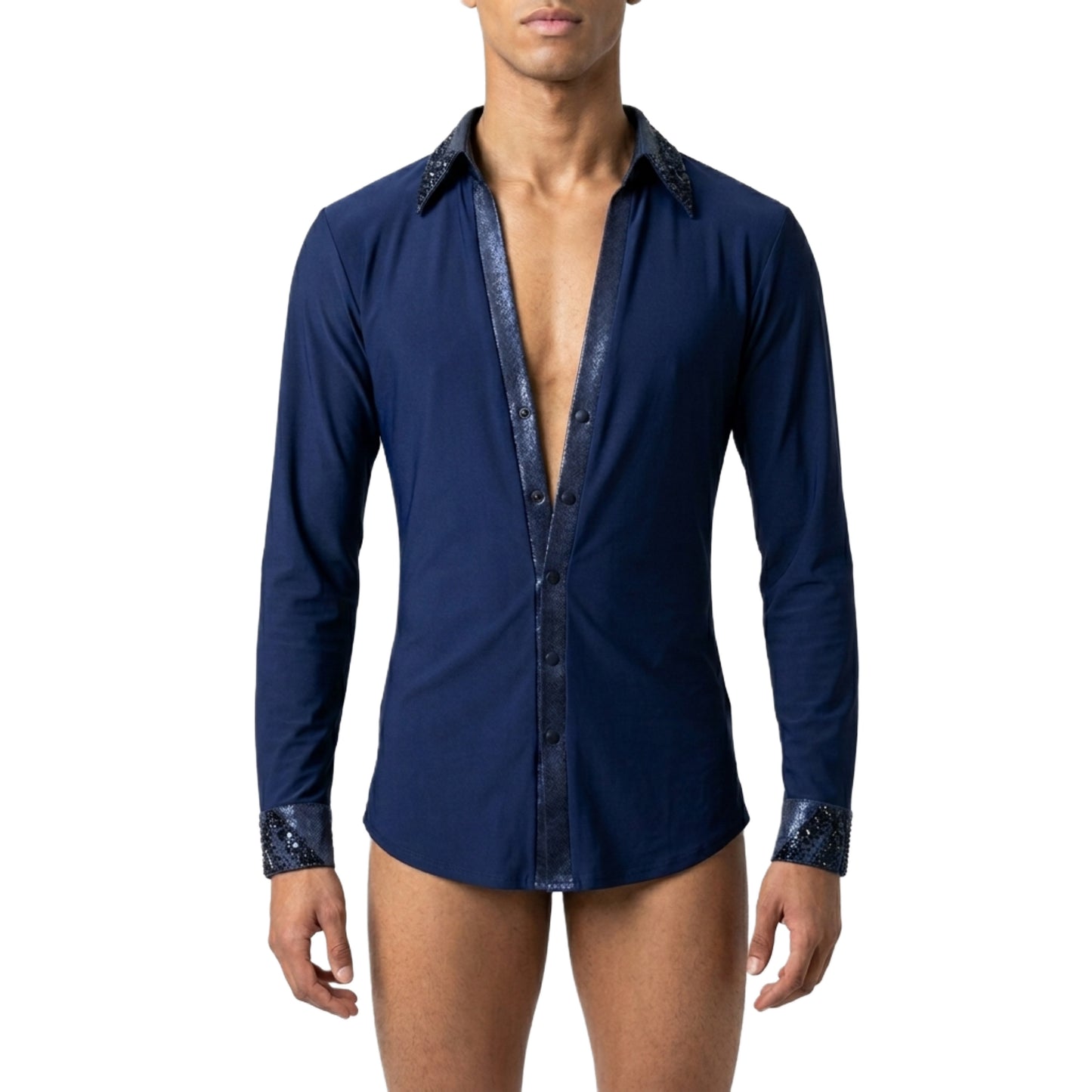 ByCharme Navy Blue Lycra Men Latin Salsa Competition Shirt - BCM-0047