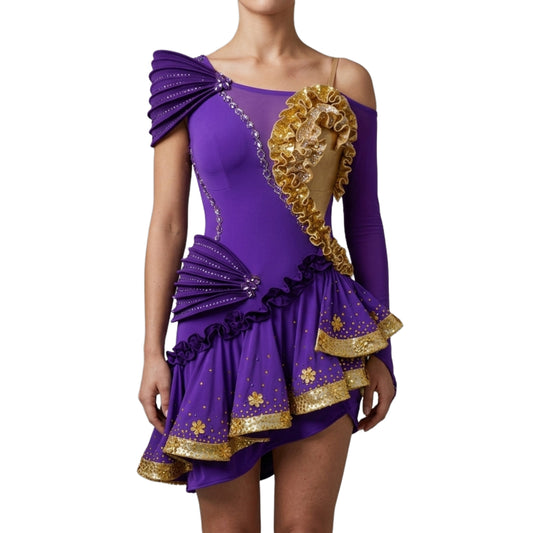 ByCharme Blue Violet Gold Brown Latin Salsa Competition Dress - BCL-0123