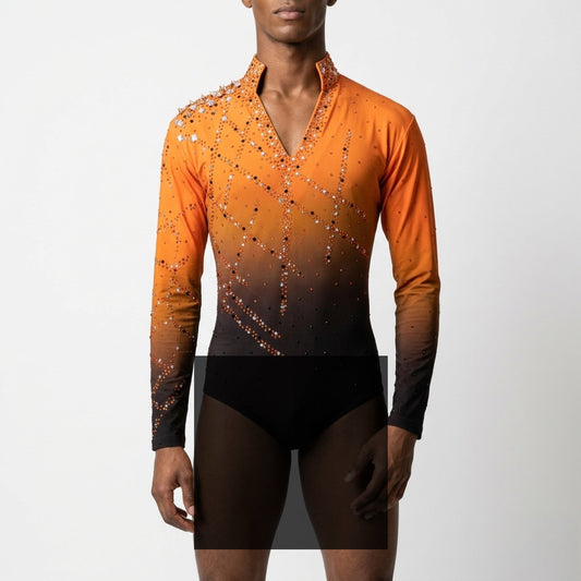 ByCharme Orange Black Lycra Men Latin Salsa Competition Shirt - BCM-0081