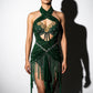 ByCharme Dark Green Silver Gold Fringes Latin Salsa Competition Dress - BCL-0186