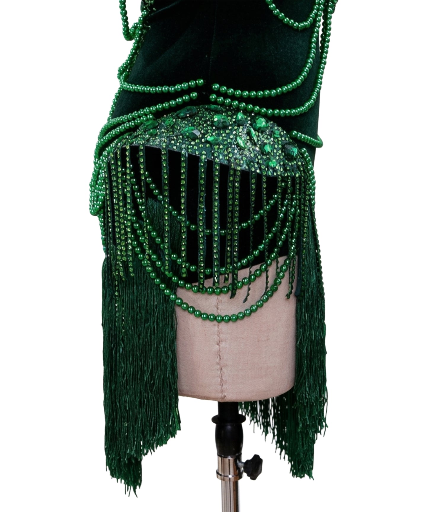 ByCharme Dark Green Velvet Fringes Pearls Latin Salsa Competition Dress - BCL-0191